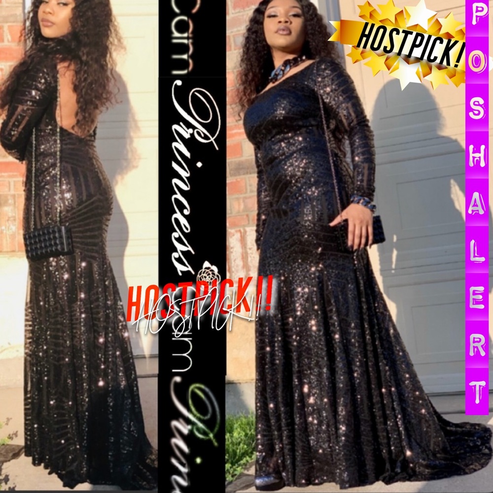 ❣️MAY QUEEN Black Sequins LS Backless Mermaid Gown